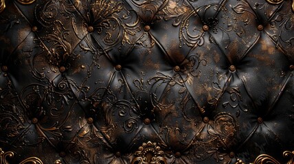 Ornate black leather upholstery with golden floral patterns