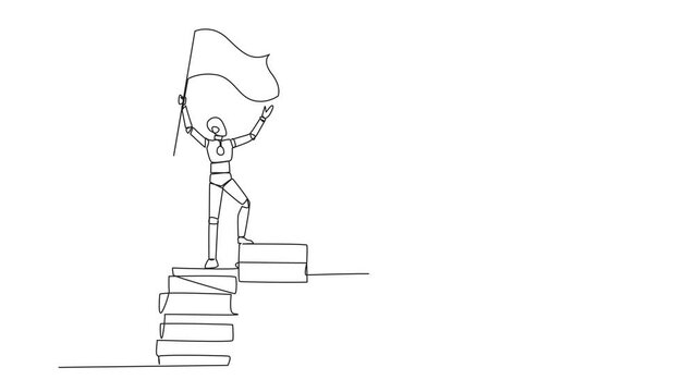 Animation of single one line drawing of robotic artificial intelligence standing on giant piles of paper documents holding fluttering flags. Future technology development. Full length motion