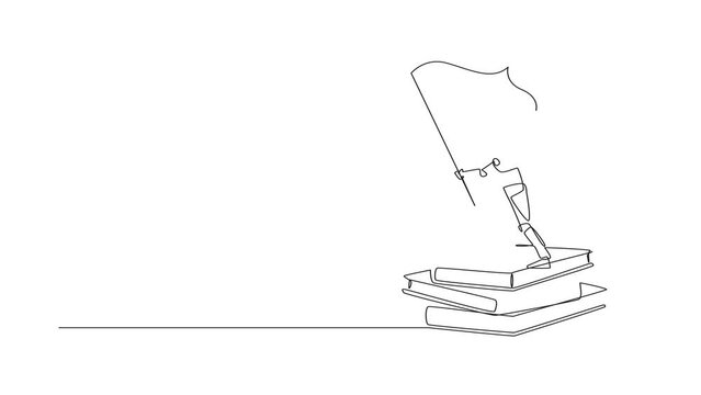 Animated self drawing of continuous one line drawing robots standing on stacks of giant books holding flag. Artificial intelligence can make robot to read the book. Full length single line animation