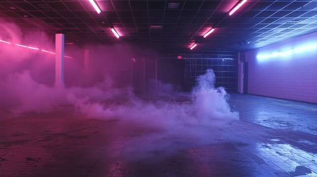 the desolate beauty of an empty dark scene, illuminated by neon lights casting eerie shadows on the concrete floor, while wisps of smoke dance in the air,