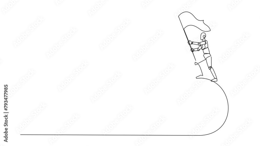 Poster self drawing animation of continuous one line drawing of robotic artificial intelligence standing on