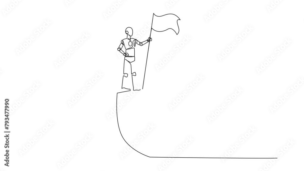 Poster animated self drawing of continuous one line drawing of robotics standing on giant shield holding fl