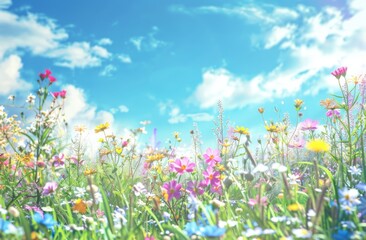 vibrant meadow with colorful wildflowers under the bright blue sky