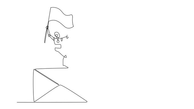 Animation of single one line drawing of robotic artificial intelligence standing on a giant email icon holding the fluttering flag. Concept robots reply to emails. Chatbots. Full length motion