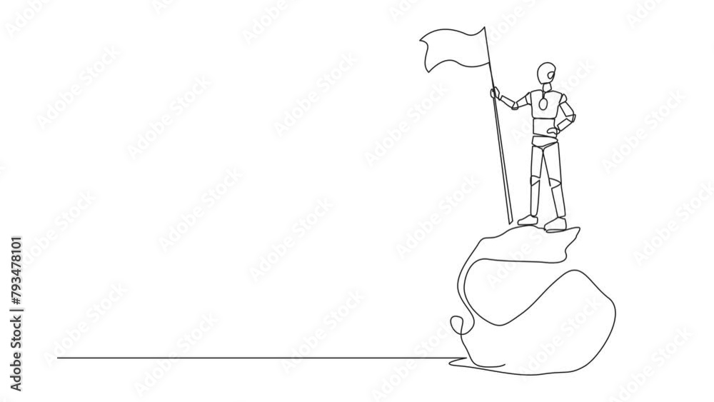 Poster self drawing animation of continuous one line drawing of artificial intelligence robotic standing on