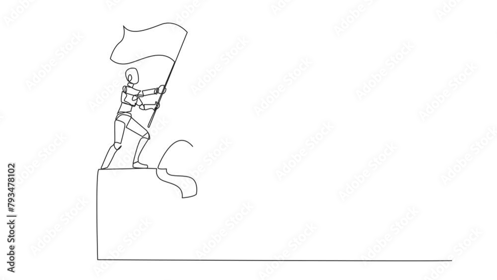 Poster animation of a single continuous line drawing of robotic artificial intelligence standing on a giant