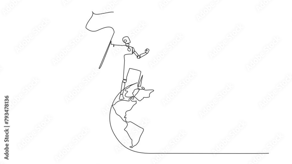 Poster animation of a single continuous line drawing of robotic artificial intelligence standing on a giant