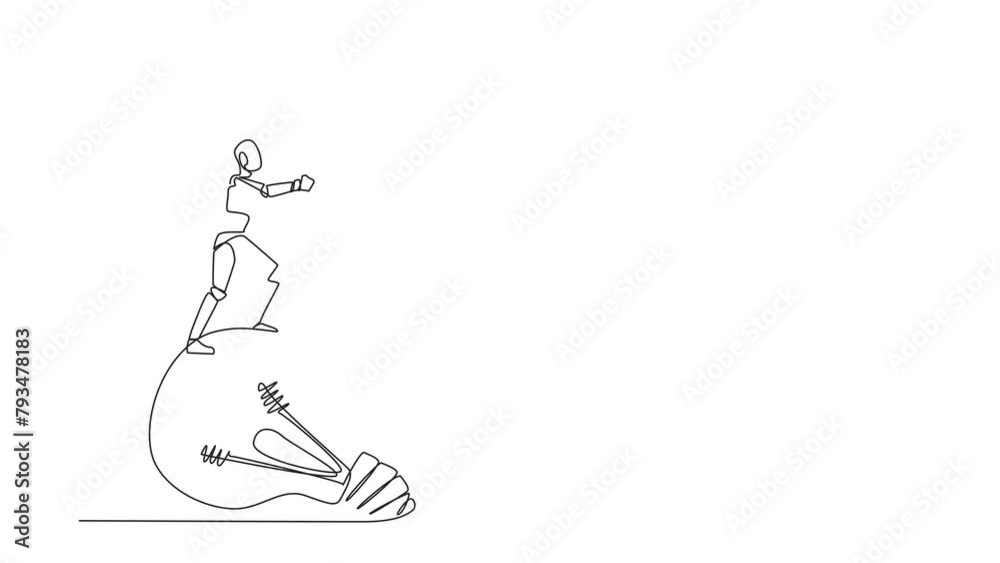 Poster animation of continuous one line drawing of robotic artificial intelligence standing on a giant ligh