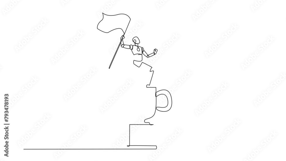 Poster animated self drawing of single one line drawing robotic artificial intelligence standing on big tro