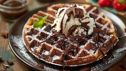 chocolate waffle with ice cream topping on plate