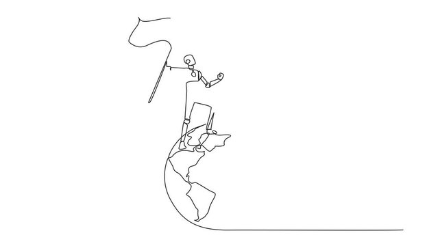Animation of a single continuous line drawing of robotic artificial intelligence standing on a giant globe holding flag. Future technology development. Metaphor of conquering world. Full length motion