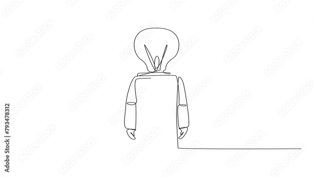 Poster animated self drawing of single continuous line drawing astronaut with lightbulb instead of head, st