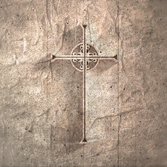 Christian cross. Concrete wall. Religion concept illustration.