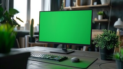 green blank desktop pc on workplace at home