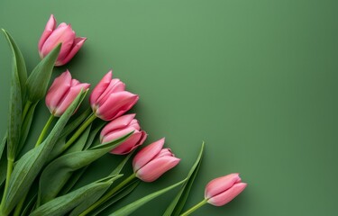 Spring Tulip Bouquet on Green Background with Copy Space