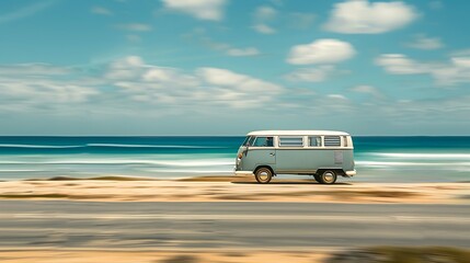 side view of surf van with blurred beach background