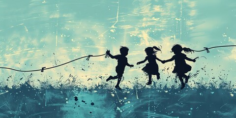 A water color art in silhouette theme of children's playing in field with a big space for text or product advertisement backdrop, Generative AI.