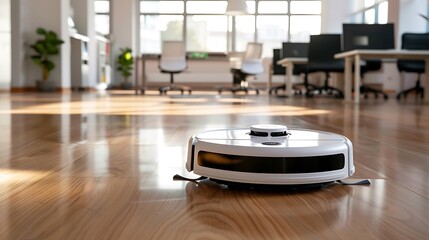 an automatic smart floor cleaning robot is cleaning the floor in an office room