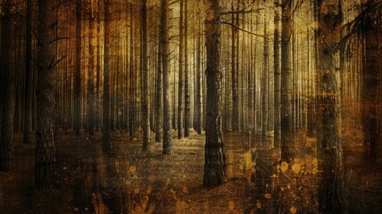 Mysterious, dark forest with sunbeams filtering through trees - obrazy, fototapety, plakaty