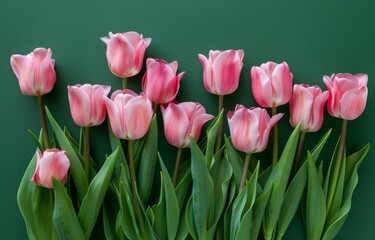 Spring Tulip Bouquet on Green Background with Copy Space