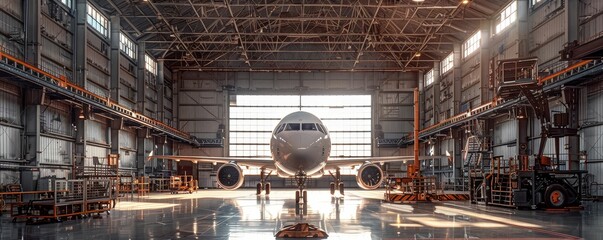The interior of a large airplane hangar with a wide-body airliner inside.