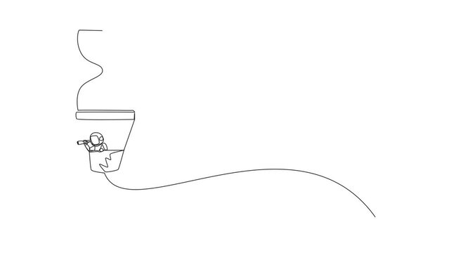 Animation of continuous one line drawing of young energetic astronaut using monocular, flying with a hot air balloon hourglass. Highlight the spaceship. Cosmic deep space. Full length motion