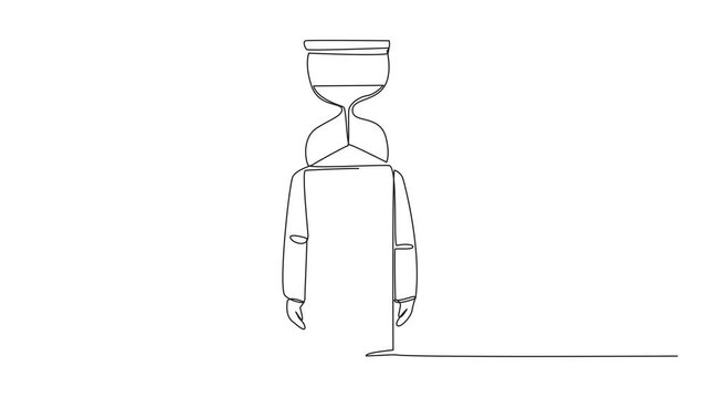 Animated self drawing of continuous one line drawing young astronaut with an hourglass instead of head, standing facing forward. Helps show the time spent on tracing. Full length single line animation