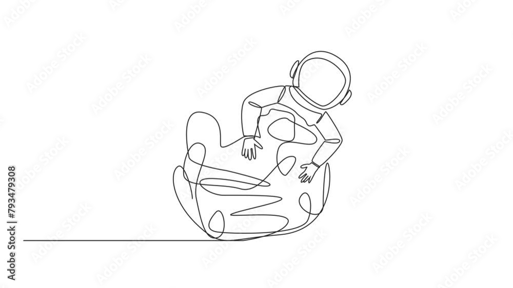 Poster self drawing animation of continuous one line drawing astronaut hugging tangled circle. trying to ge