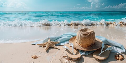 Vacation Clothing straw hat, flip-flops, and towel over an energetic tropical beach beige sand with a backdrop of teal sea and the sky and space, Generative AI.