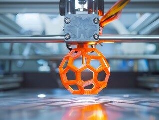 3D printer printing an orange geodesic sphere