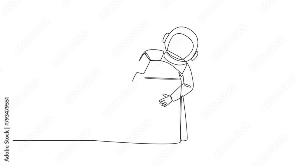 Poster animation of single continuous line drawing astronaut hugging desk calendar and giving code to the n