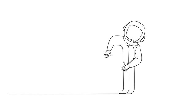 Self drawing animation of single one line drawing astronaut hugging briefcase. Preparations on earth to conduct research in outer space. Cosmic galaxy space. Cosmonaut deep space. Full length animated