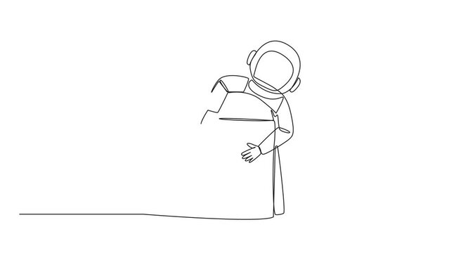 Animation of single continuous line drawing astronaut hugging desk calendar and giving code to the number two. Having meaning would be his second expedition. Galaxy outer space. Full length motion