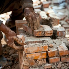 A construction worker is laying bricks.