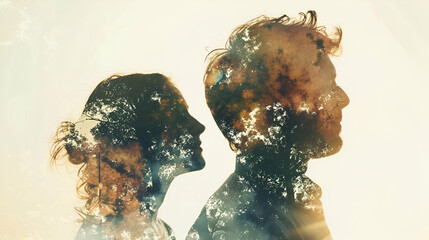 Marriage Clash: Double Exposure of Couple Silhouettes - obrazy, fototapety, plakaty