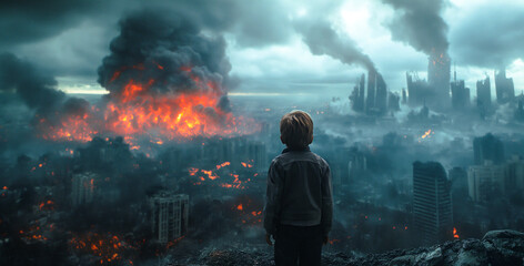A young boy stands in front of a destroyed city with burning buldings, smoke and explosions