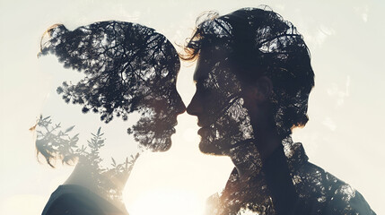 Marriage Clash: Double Exposure of Couple Silhouettes - obrazy, fototapety, plakaty