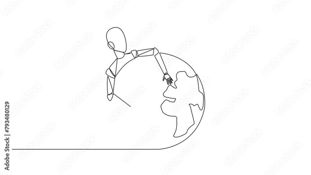 Poster self drawing animation of continuous one line drawing robot hugging globe. robots rule the world. ev
