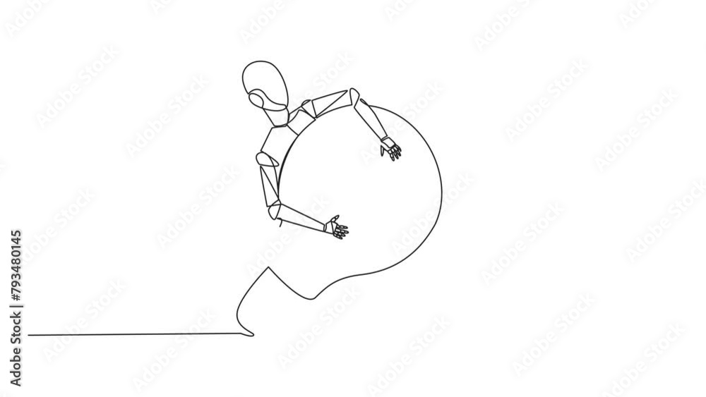 Poster animated self drawing of single continuous line drawing robot hugging lightbulb. has idea to make ro