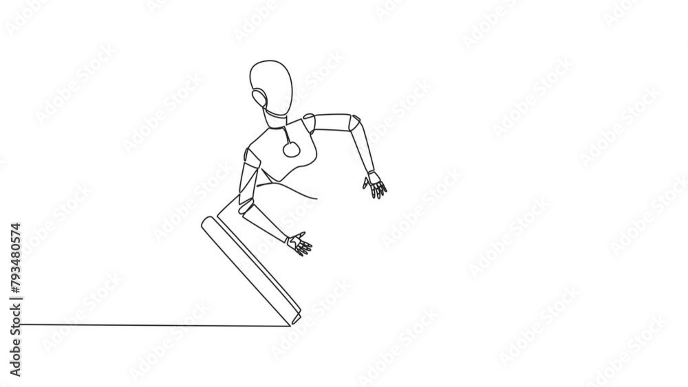 Poster self drawing animation of single continuous line drawing robot hugging hourglass. the creation of ro
