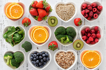 Top View of Heart-Shaped Cups Filled with Healthy Fruits and Vegetables in the Wild: Proper Nutrition Concept. Generative AI.