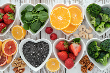 Top View of Heart-Shaped Cups Filled with Healthy Fruits and Vegetables in the Wild: Proper Nutrition Concept. Generative AI.