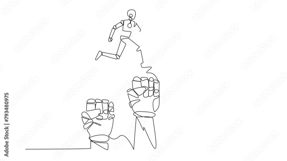 Poster self drawing animation continuous one line drawing robotic running leaping over three large clenched