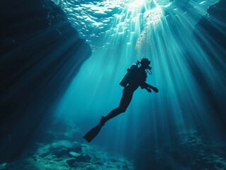 A scuba diver explores a dark underwater cave.