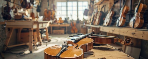 A violin laying on a table in a workshop with other instruments hanging on the walls and laying on shelves. - obrazy, fototapety, plakaty