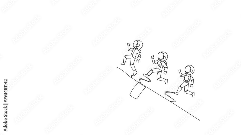 Poster animated self drawing of continuous one line drawing 3 astronauts running on giant astronaut hand wh