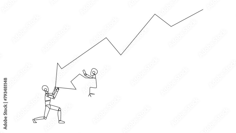Poster animation of continuous one line drawing two robots holding large arrow charts swooping down. one of