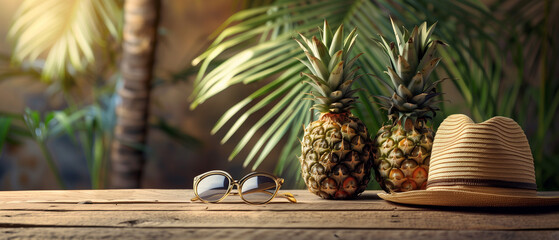 Tropical Summer Vacation Concept with Pineapples and Sunglasses - obrazy, fototapety, plakaty