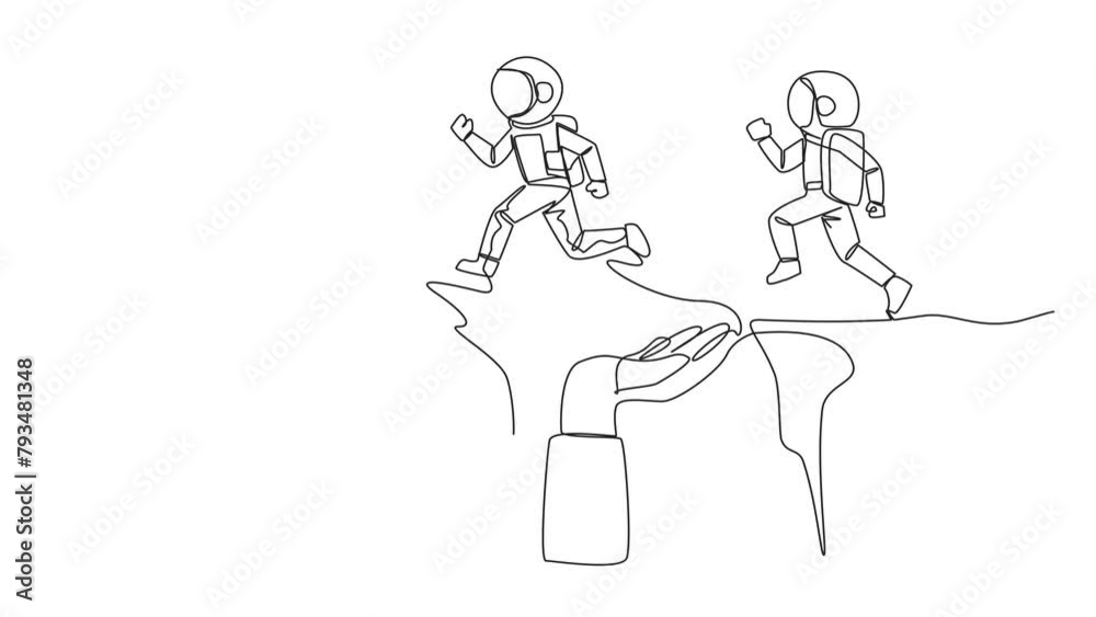 Poster self drawing animation of continuous one line drawing 3 astronauts running through a cliff that has 