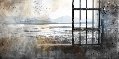 Poster Isolation: The Barred Window and Desolate Landscape - Imagine a barred window overlooking a desolate landscape, illustrating the isolation and confinement often experienced by members of evil cults © Lila Patel